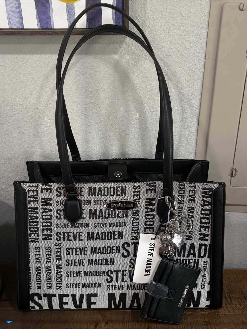 Steve Madden Black & White Logo Tote with Charm Keychain